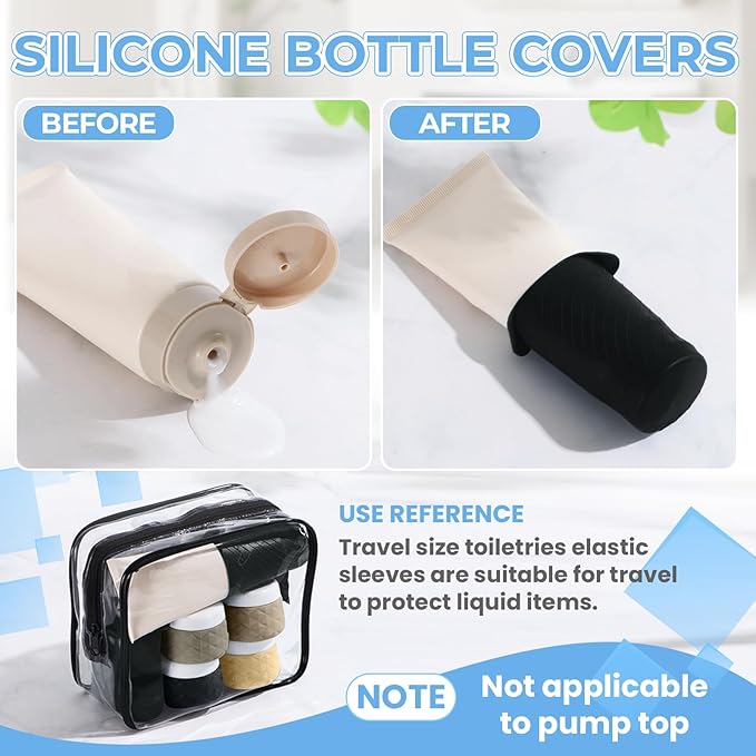 16Pack Travel Bottles for Toiletries, TSA Approved Travel Size Toiletries Containers Set, Silicone Leak Proof Refillable Bottles Elastic Sleeves Creams Jars Accessories Kit W/Clear Bag (Apricot Black)