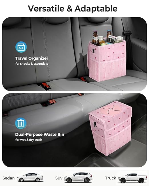 Corduroy Car Trash Can with Lid and Mesh Pockets - Leakproof Organizer,Multipurpose Waterproof Garbage Can/Trash Bin for Car(Pink/Red Strawberry Print-3 Gallons)