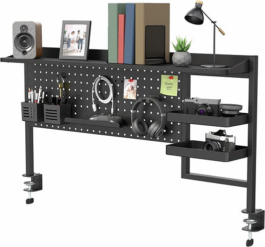 VIVO Steel Clamp-on 46 x 25 inch Desk Pegboard System with Storage Shelf and Accessory Trays, Multi-Purpose Office Organizer, Black, PP-PBSF46