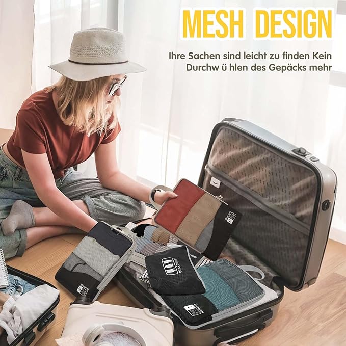 Compression Packing Cubes 8 Set, Dual Zipper Compression Packing Cubes for Travel, See-Through Mesh Packing Bags for Suitcases, Packing Cube with Shoe Bag (Black)