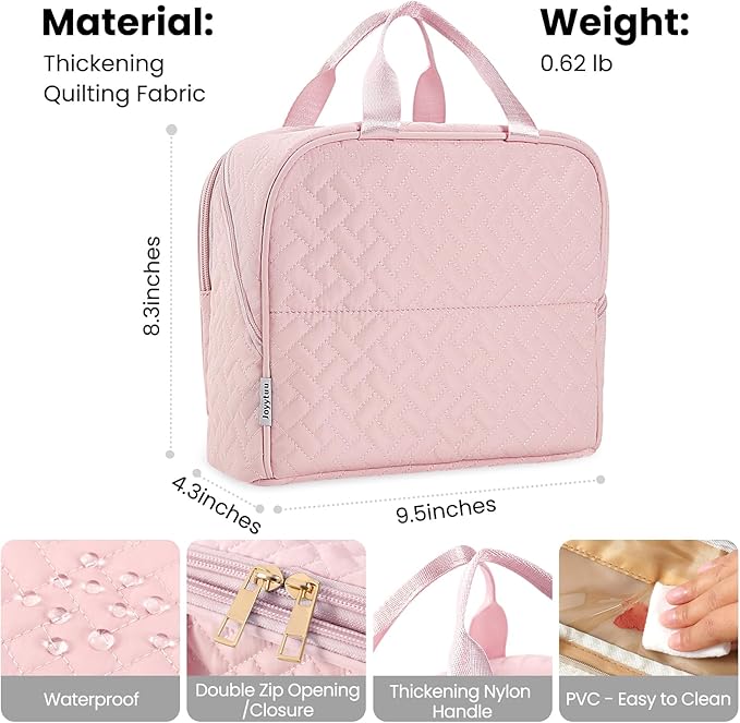 Standing Makeup Bag, Large Capacity with Room for Brushes and Mirror, Travel Makeup Organizer, Portable Stand Up Make Up Case, Waterproof Cosmetic Toiletry Bags with Handle, Color Light Pink