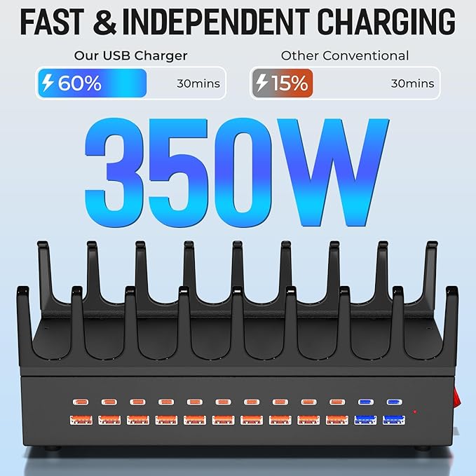 350W Charging Station for Multiple Devices, 24 Ports USB Fast Charging Station, Charger Station Organizer Compatible with Kindle,Tablet, iPad, Charger Station for Home, Office