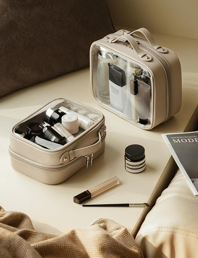 Clear Cosmetic Bag Double Layer 4 Compartments Travel Toiletry Bag Clear Makeup Bag Case with Zipper Transparent Travel Bag for Toiletries, Gift for Women Girls (Taupe, Small)