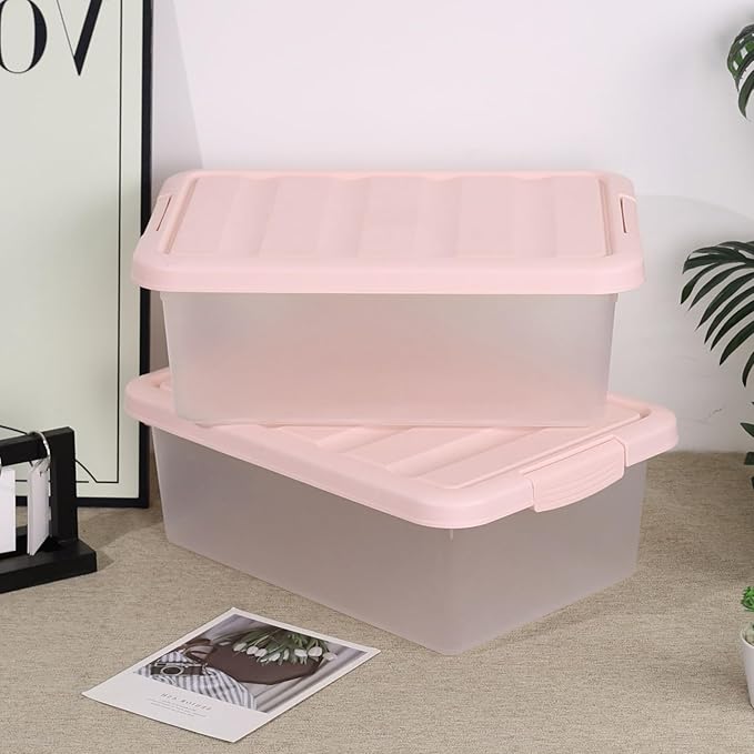 Wekioger Set of 2 Versatile Organizer Bins with Pink Lids, 14 Quart Plastic Latching Storage Box