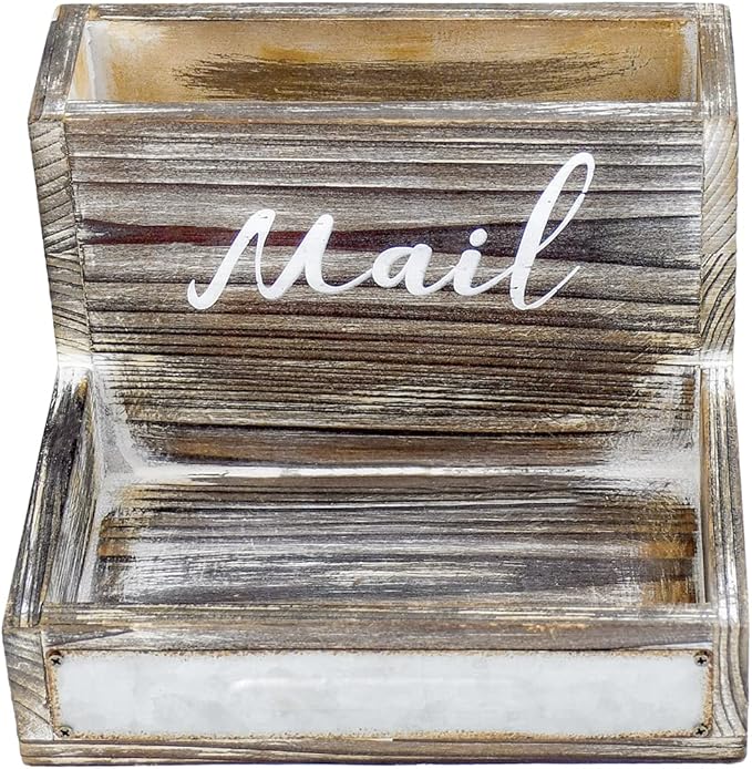 OKSQW Farmhouse Mail Organizer Countertop Letter Sorter Caddy 2 Tier Rustic Mail Tray Wooden Mail Holder File Organizer Bill Paper Folder Office Desk Accessories Rustic Office Supplies Home Decor