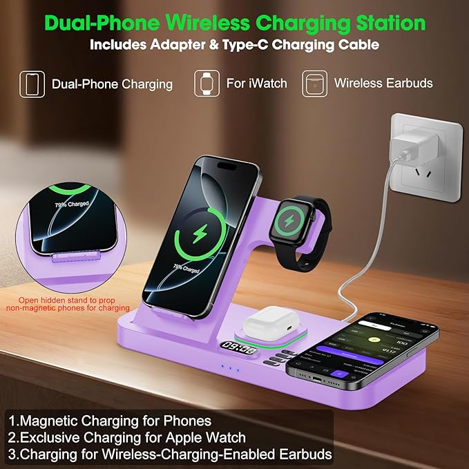 Dual Phone Wireless Charging Station for Apple Devices, Magnetic Charging Station for iPhone with Auto Switch 7-Color Light&Clock,Family Watch Charger for iPhone17 for iWatch11for AirPods Pro3(Lilac