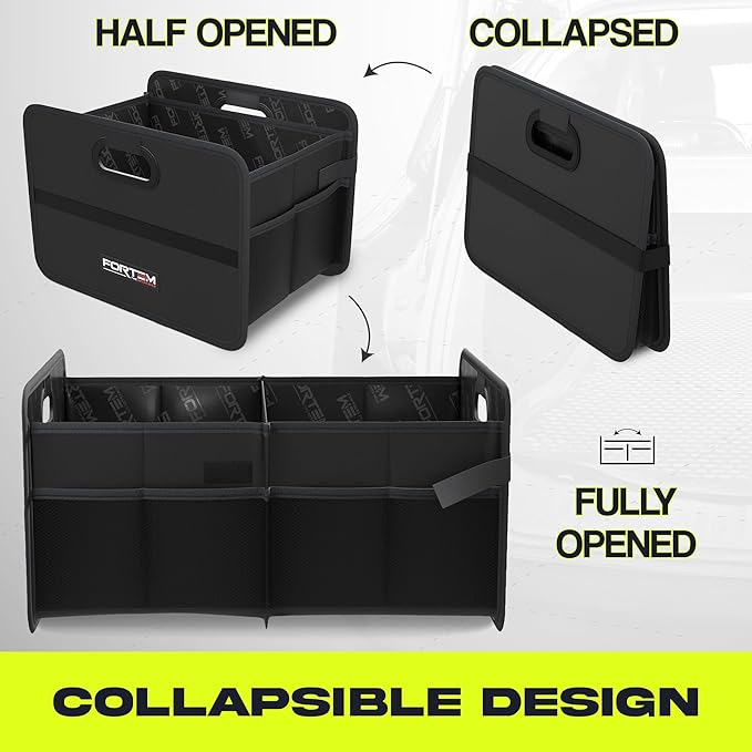 FORTEM Car Trunk Organizer, Collapsible Two Compartment Organizer, Foldable SUV & Truck Storage for Car Accessories for Women Men, Non Slip Bottom, Sturdy Side Walls, Strong Handles, 60L