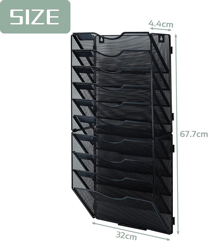 10 Tier Mesh Hanging File Organizer Vertical Wall File Organizer Wall File Holder for Office School Home, Black