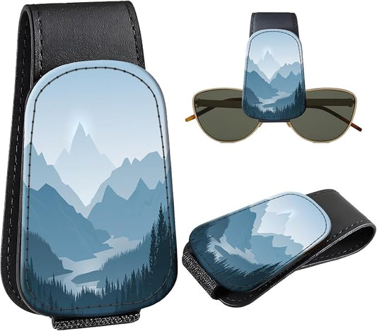Leather Magnetic Sunglass Holder for Car Sun Visor, Cute Eyeglass Ticket Card Hanger Clip, Universal Auto Interior Accessories for SUV Pickup Truck, Blue Mountain