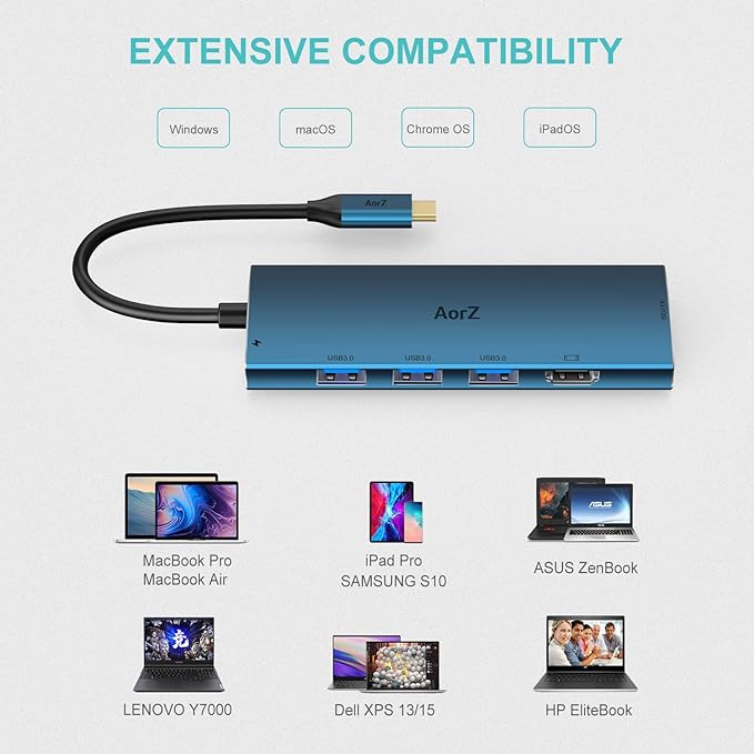 USB C Hub, USB Hub to HDMI Multiport AorZ USB c Dongle Adapter 7 in 1 with 4K HDMI Output,3 USB 3.0 Ports,SD/Micro SD Card Reader,100W PD, Compatible with Macbook,XPS and More Type C Device(Deep Blue)