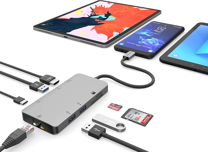 USB C Hub Docking Station 8 in 1 with 4K HDMI, 1 Gbit Ethernet, 3 USB A 3.0 Ports, 1 USB-C PD/Data, SD/Micro SD for Work and Travel, Compatible with MacBook/Dell/HP/Lenovo/Laptops
