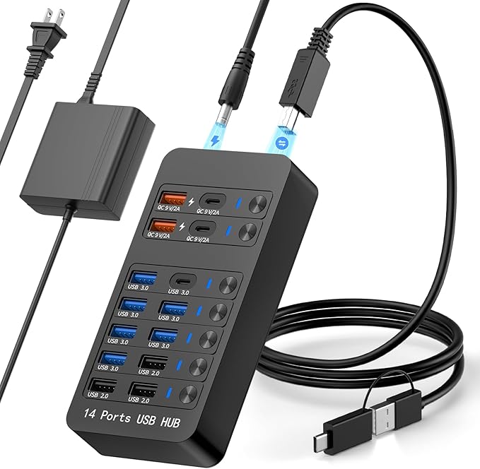 Powered USB Hub, 14 Ports USB Splitter with Individual Power On/Off Switches, 60W Power Adapter for Mac, PC, and More
