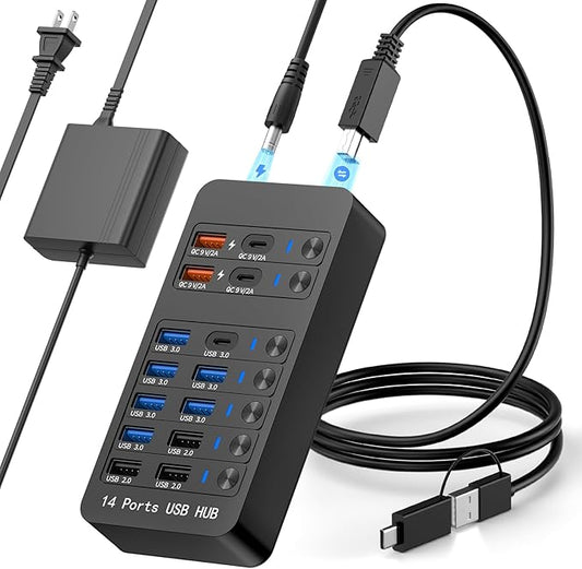 Powered USB Hub, 14 Ports USB Splitter with Individual Power On/Off Switches, 60W Power Adapter for Mac, PC, and More