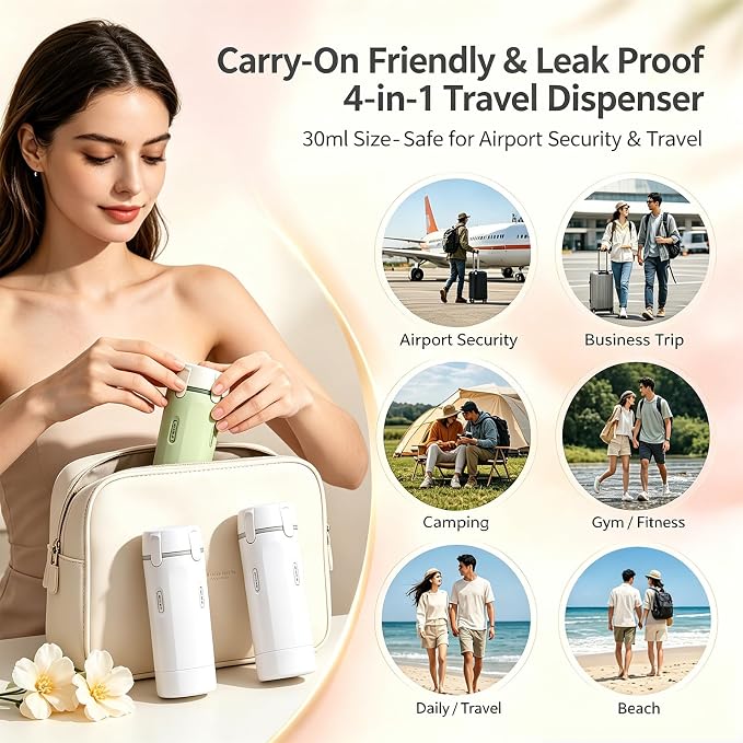 4 in 1 Travel Dispenser Bottle, 30ML Leak Proof Travel Size Toiletries Containers with Labels & Scale, Portable Refillable Travel Bottles for Shampoo Lotion Conditioner Cream, Carry Friendly(2 Green)