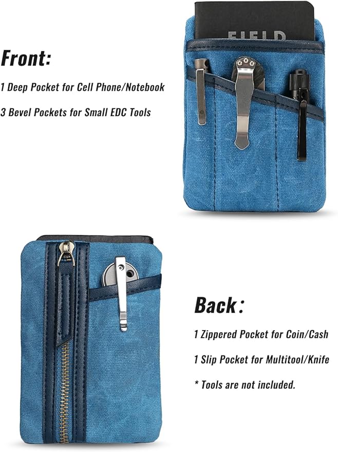 Sayram SP6 EDC Pouch, Waxed Canvas Compact Pocket Organizer, EDC Pocket Pouch for Men, Zippered Pocket Pouch, Mini EDC Organizer for Everyday Carry, Multitool Organizer Pouch (Oil Wax Blue)