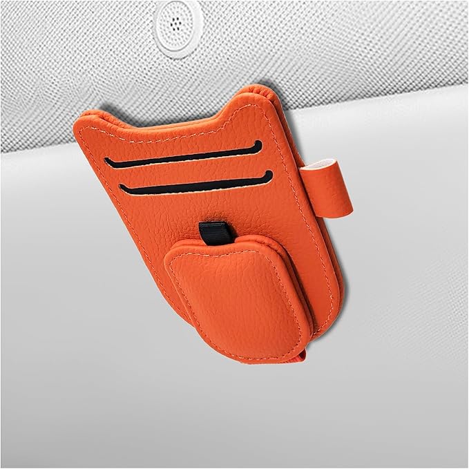 Sunglasses Holder for Car Visor, Magnetic Auto Sun Visor Organizer with Ticket & Pen Clip, Multi-Pocket Leather Eyeglass Clip Interior Accessories for Most Vehicles (Orange)