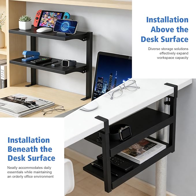 Clamp On Desk Shelf 2 Tier Office Desk Shelves Organizer, Adjustable Above or Under Desk Storage Shelves, Tabletop Book Storage Rack Heavy Duty Desktop Organizer for Working and Gaming Accessories