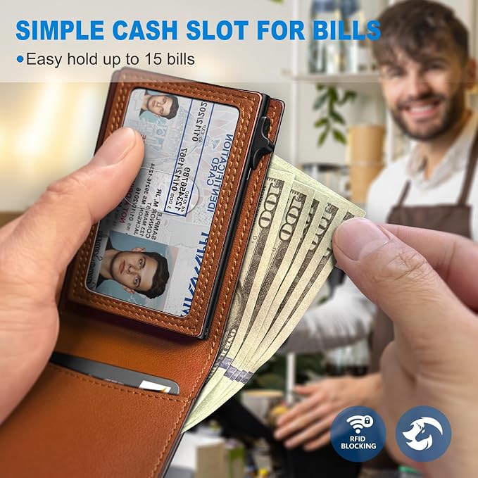 Wallet for Men, Slim Pop Up Card Holder with RFID Blocking, Minimalist Bifold Wallet with 9 Card Slots, ID Window and Cash Pocket, Metal Flip Case with Magnetic Closure, Gift Box