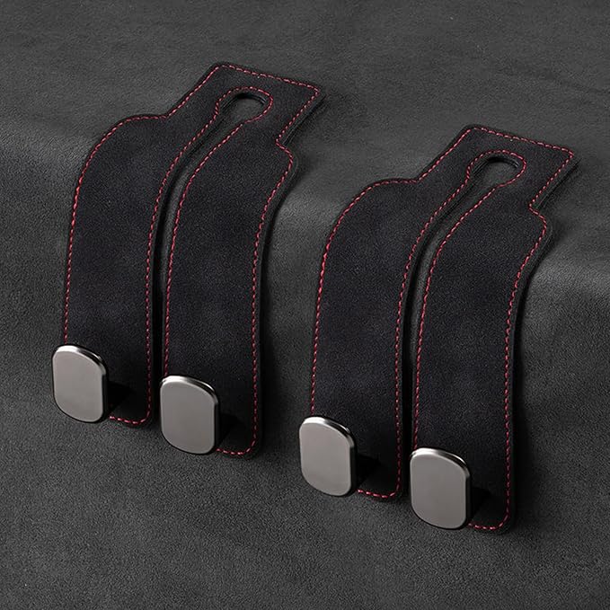 2 Pack Car Purse Hooks, Premium Leather Headrest Hooks, Genuine Metal Hook and Internal Metal Gaskets Multifunctional Car Hooks for Purses, Bags and Mobile Phones, Black with Red Stitching
