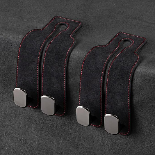 2 Pack Car Purse Hooks, Premium Leather Headrest Hooks, Genuine Metal Hook and Internal Metal Gaskets Multifunctional Car Hooks for Purses, Bags and Mobile Phones, Black with Red Stitching