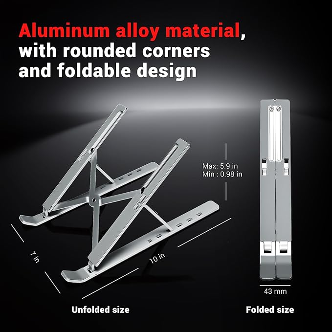 Laptop Stand for Desk, 6-Angle Adjustable Ergonomic Laptop Riser, Foldable Aluminum Portable, Cooling Desktop Notebook Computer Holder Compatible with 10-15.6” MacBook, Dell, HP, iPad, Silver