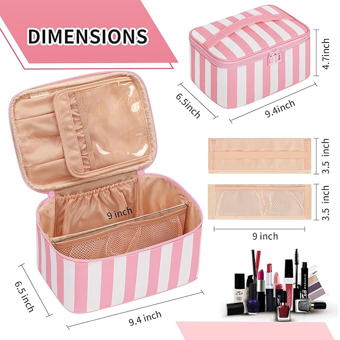OCHEAL Makeup Bag,Travel Makeup Organizer Bag, Large Capacity Cosmetic Bags For Women Large Travel Toiletry Bag Girls Traveling With Brush Slot And Divider-Stripes Pink