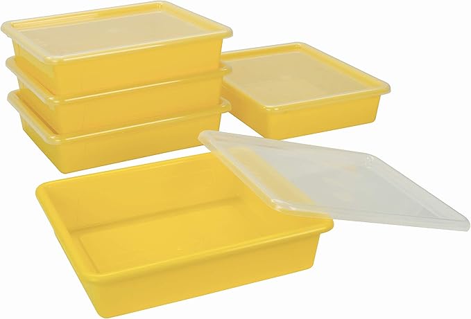 Storex Letter Size Flat Storage Tray – Organizer Bin with Non-Snap Lid for Classroom, Office and Home, Yellow, 5-Pack (62538U05C)