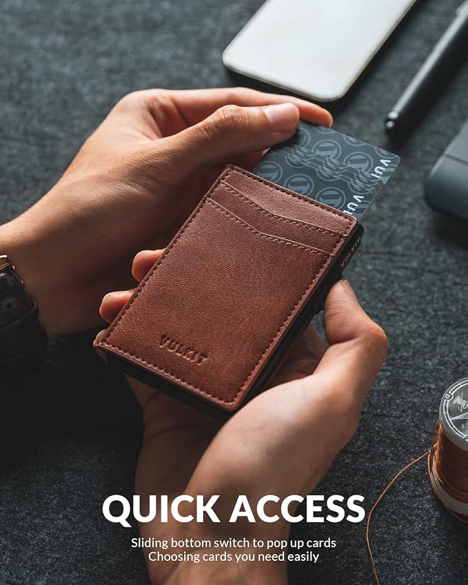 VULKIT Men's Slim Wallets Pop Up Card Holder RFID Blocking Metal Wallet Minimalist Design Holds Up to 11 Cards
