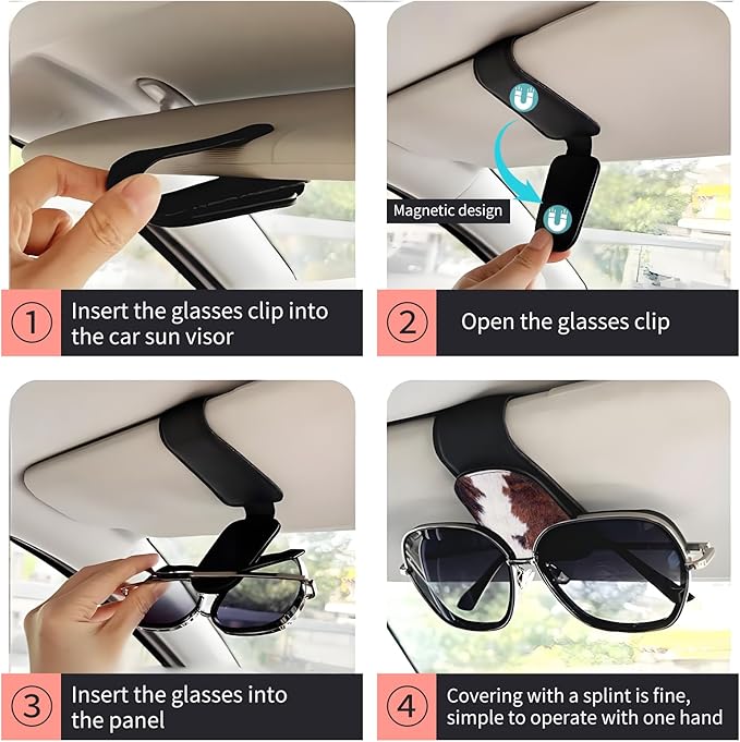 Sunglasses Holder for Car Visor, PU Leather Glasses Clip Organizer, Cute Magnetic Eyeglass Holder for Vehicle Sun Visor, Car Interior Accessory for Women & Men Brown Cow Hide