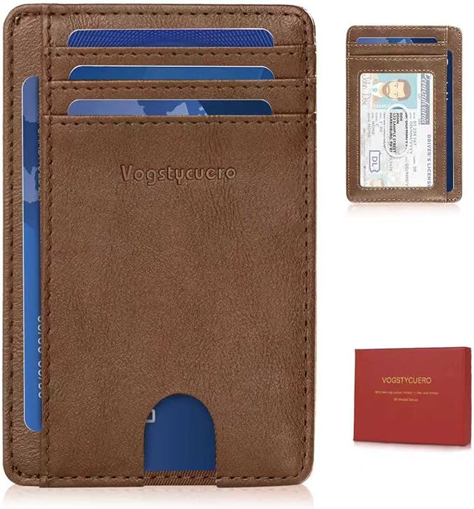 Front Pocket Thin Wallet for Men Women RFID Blocking Credit Card Holder Card Cases Slim Minimalist Wallet with Gift Box Alaska Brown Faux Leather
