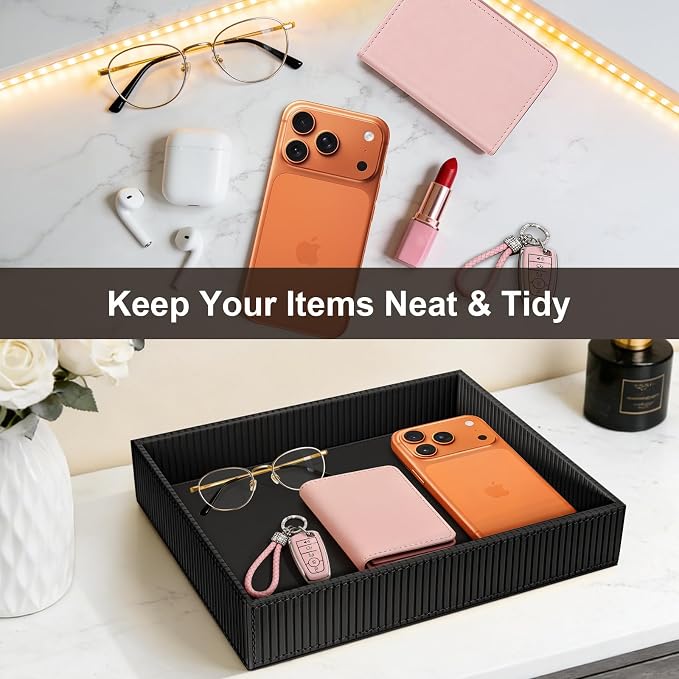 SITHON Valet Tray Desk Organizer, PU Leather Catchall Bedside Vanity Tray Nightstand Caddy Coin Box Key Jewelry Storage Organizer, Graduation Day Father's Gift, Stripe Black