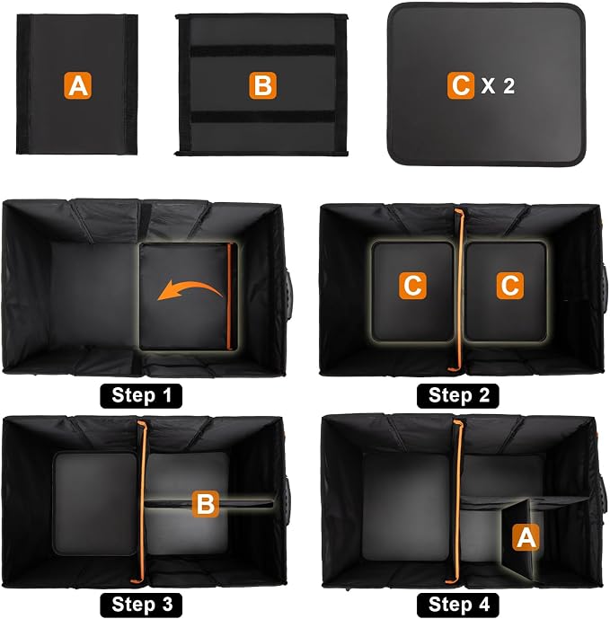GDNasist Car Trunk Organizer and Storage with Lid, Car Accessories for Women Men 2 Removable Dividers for Custom Space, Collapsible Trunk Organizers Interior for SUV & Sedan