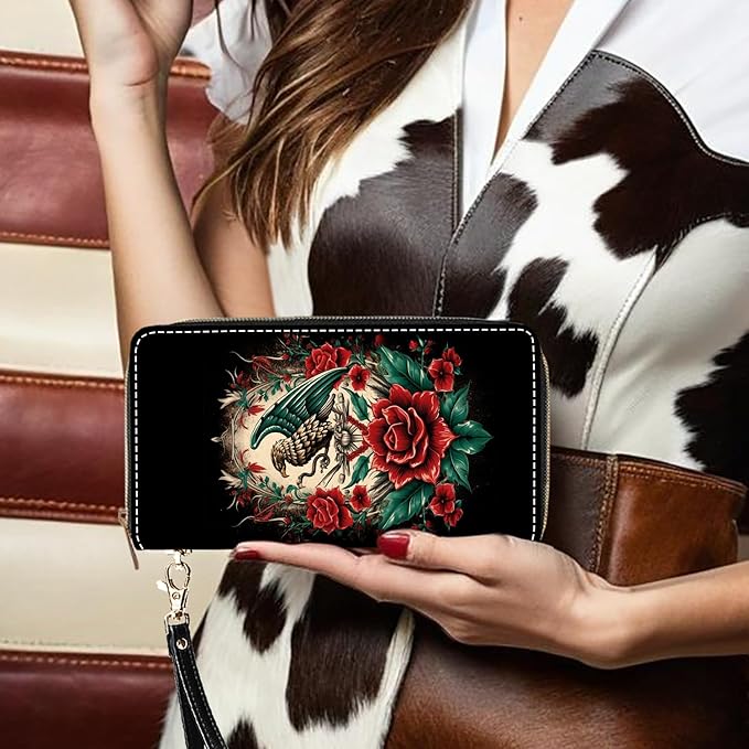 Mexican Flag Mayan Aztec Totem Print Women Large Capacity PU Leather Zip Around Wallet, Multifunctional Clutch Purse for Cash/Card/Coin/Smart Phone
