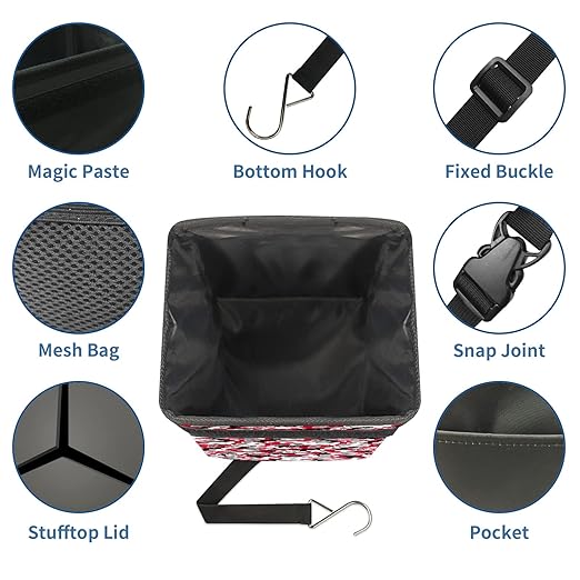 Car Trash Can Red Black White Grey Camouflage Auto Garbage Bag Car Trash Can with Lid Leak-Proof Car Storage Bag Garbage Bag Hanging for Headrest Collapsible and Portable with Storage Mesh Pocket