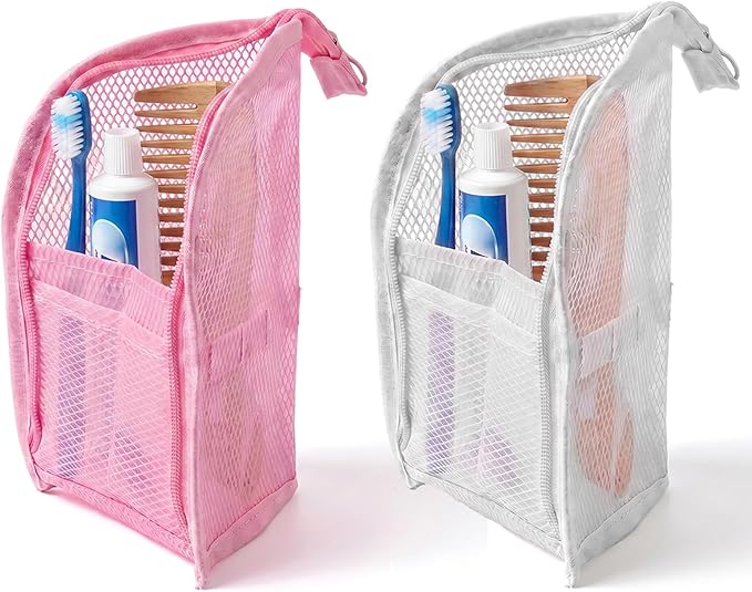 Standing Toiletry Bag, 2026 New Portable Lightweight Travel Toiletry Bag, Foldable EVA Mesh Large Capacity Toiletries Organizer, Hanging Clear Makeup Bag for Women (White+Pink)