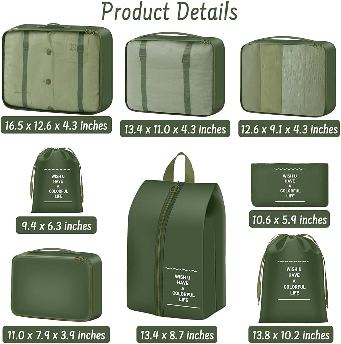 Packing Cubes for Travel- 8 Set Luggage Organizer Bags for Family, Mesh Breathable Travel Packing Cubes for Suitcases Durable Travel Essentials Bags Set (Deep Green, 8 Set)