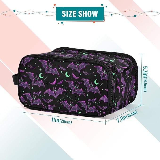 MNSRUU Large Capacity Makeup Bag, Neon Purple and Bats Stars and Moons Cosmetic Bag Portable Toiletries Pouch with Compartments Makeup Organizer Case for Travel Women