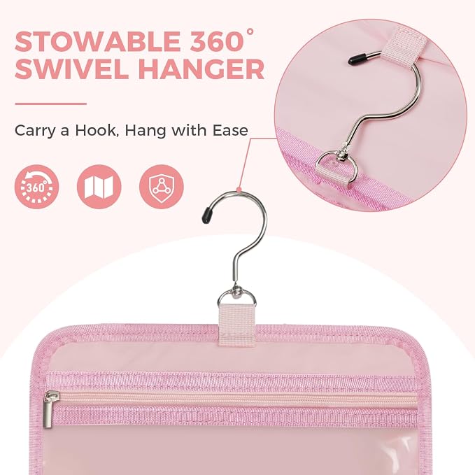Toiletry Bag for Women, Portable Hanging Organizer, 4 Leakproof Compartments for Full-Sized Conditioners, Brush Sets, Makeup Accessories, Visible and Easy to Access, M, light pink