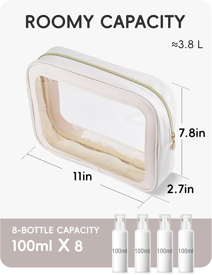 Clear Makeup Bag for Women, Large 11-Inch Transparent Travel Toiletry Bag, PU Leather Cosmetic Pouch Organizer with Smooth Gold Zipper, Portable Wash Bag for Luggage & Carry-on (Beige/Black)