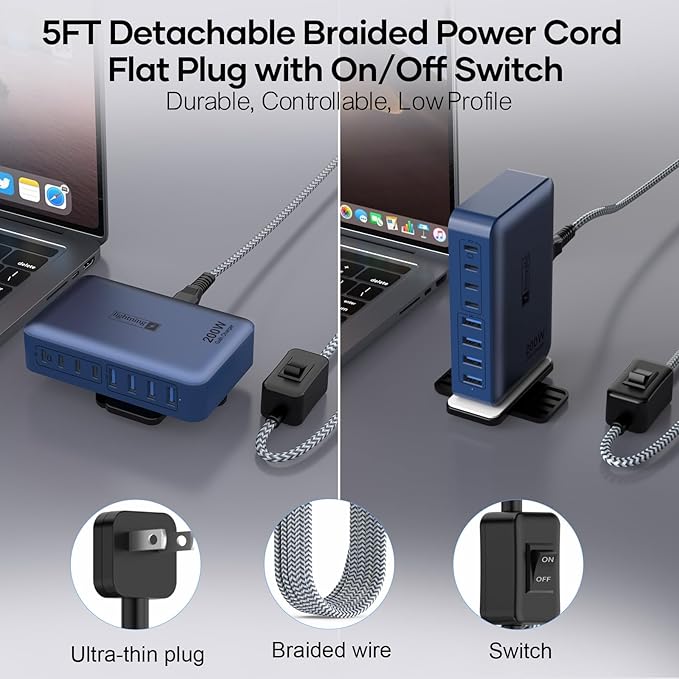 8-Port iPhone Charger Fast Charging 200W with Flat Plug, Braided Power Cord, and On/Off Switch- USB Charging Hub for iPhone, iPad, MacBook and More- 65W C Port Power Adapter for Laptops