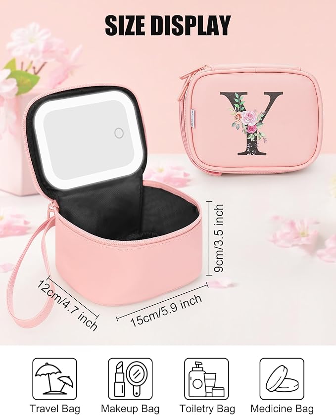 Relavel Initial Makeup Bag with Led Mirror for Women, Mini Cosmetic Bag for Travel, Personalized Cute Makeup Pouch with 3 Light Modes, Preppy Birthday Gifts for Kids Teen Girls - Pink Y