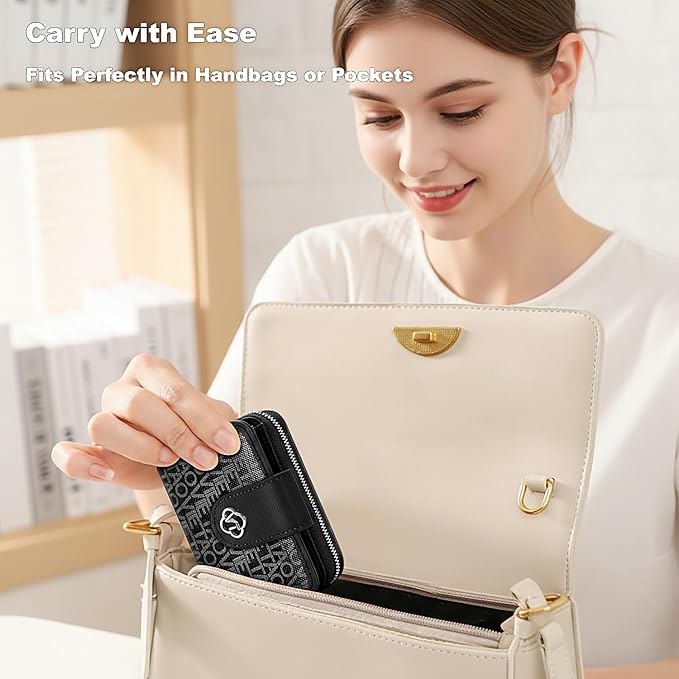 Credit Card Wallets for Women, Leather Cardholder with Zipper Around, Small Rfid Ladies Wallet, Accordion Compact Bifold Purse for Travel, 19 Card Slots, ID Window, Cash Organizer - Black