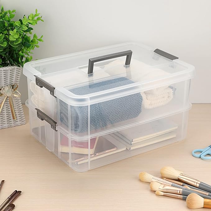 JUXYES 2-Tiers Stack Carry Storage Box With Handle, Transparent Stackable Storage Bin With Handle Lid Latching Storage Container for School & Office Supplies