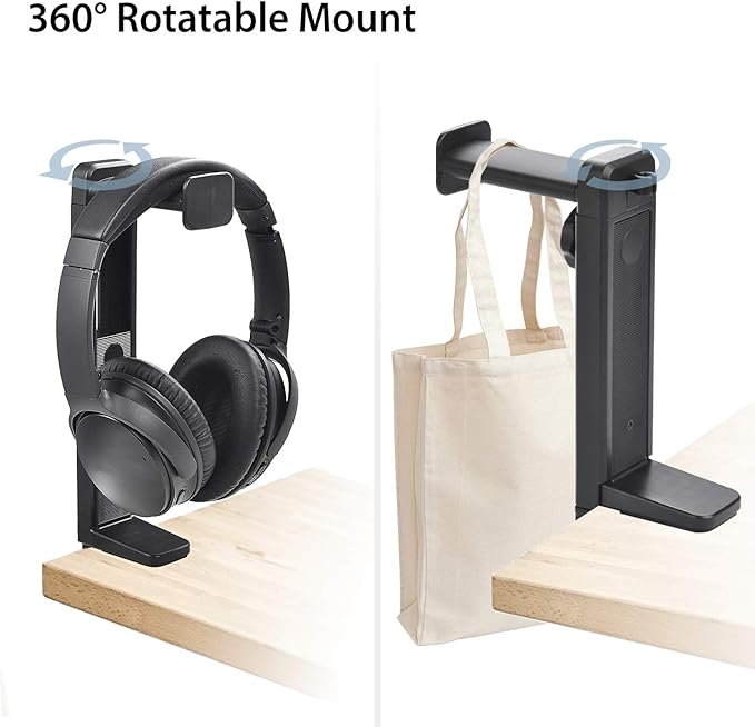 NEETTO HS906 Headphone Stand & Hanger 2 in 1, Above & Under Desk Gaming Headset Holder Mount Hook with Height Adjustable & Rotating Clamp, Earphone Rack with Cable Clip