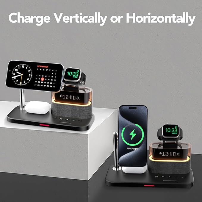 5 in 1 Wireless Charging Station for Apple,Mag-Safe Charger with Alarm Clock Night Light for Multiple Devices,Nightstand Charging Station for iPhone 17/16/15/14/13/12,Apple Watch Series,Air-Pods