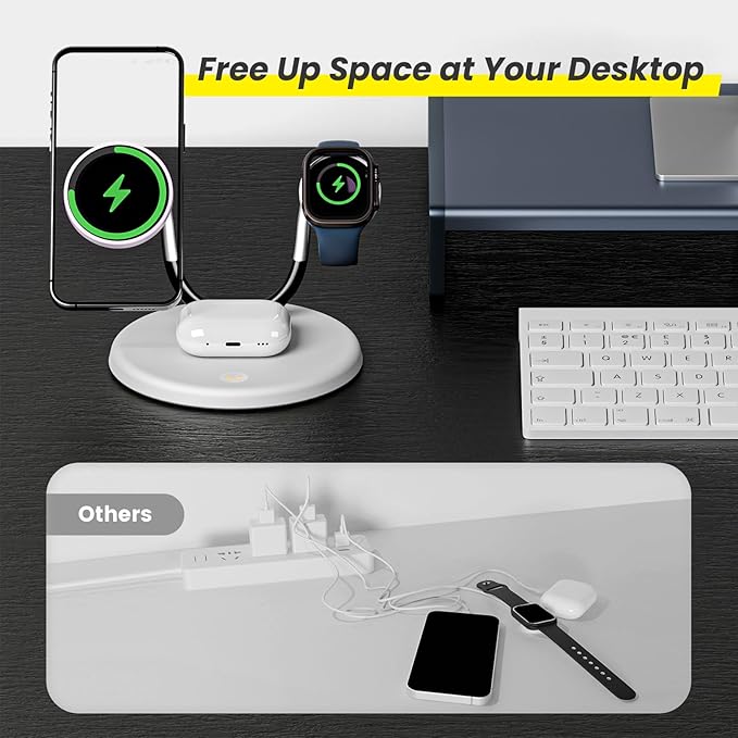 Magnetic 3-in-1 Wireless Charging Station - Qi 15W Fast Charger for Apple Mag Safe iPhone 16-11 Pro Max Watch Ultra & AirPods Pro, Premium Luxury Smile Face Office Desk Organizer Gift-Ready (White)