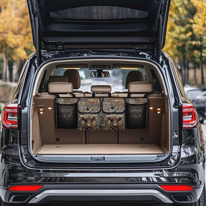 Branch Cattle Design Car Trunk Organizer,Backseat Hanging Organizer with 4 Large Storage Pockets,Trunk Bag for Car,SUV,Truck,Van Kids Travel Not Easy to Fade