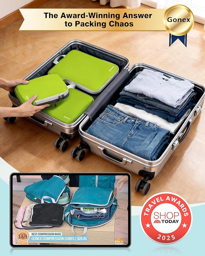 Gonex Compression Packing Cubes, 4pcs Expandable Storage Travel Luggage Bags Organizers (Green)