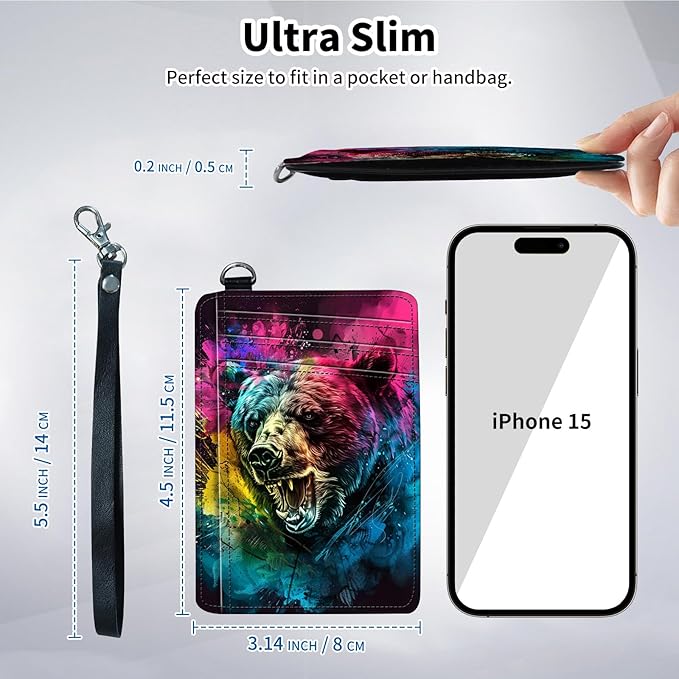 Slim Minimalist Front Pocket Wallet,Credit Card Holder Wallet for Women Men,RFID Blocking Credit Card Holder Case Leather Cute Small Thin Wallet ID Window&Wrist Strap,Colorful Bear