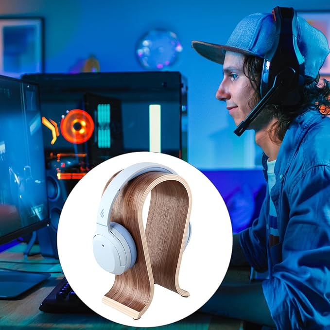 QWORK Wood Headphone Stand - Headset Holder, Arch Bridge Design - Universal Compatibility, Ear Headphones Hanger Holder, Stylish Desk Headset Holder for Headphones, Cables, Game Pads, QS32269